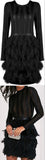 Feather-Tiered Mesh-Paneled Mini Cocktail Dress, Black