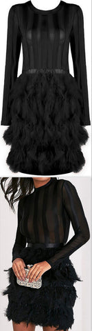 Feather-Tiered Mesh-Paneled Mini Cocktail Dress, Black