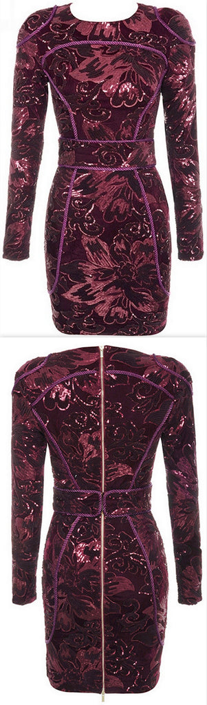 Embellished Floral-Embroidered Long-Sleeve Mini Dress