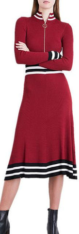 Striped Zip Ribbed Knit Sweater-Dress
