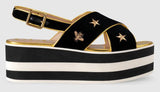 Embroidered Velvet Crossover Platform Sandals