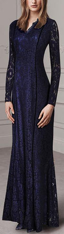 Long Blue Lace-Overlay Gown
