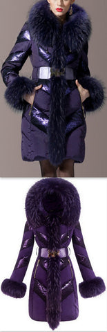 Chevron-Metallic-Paneled Fur-Trim Puffer Coat
