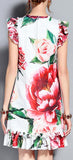 Floral Appliques Printed Ruffle-Trim Dress
