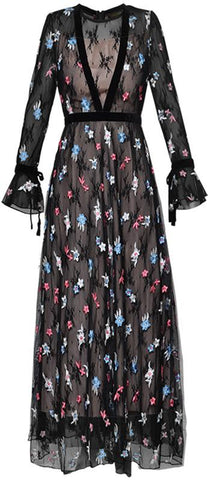 Floral-Embroidered Mesh-Overlay Gown