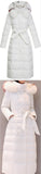 Striped-Fur-Hooded Long Puffer Coat,  White