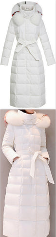 Striped-Fur-Hooded Long Puffer Coat,  White
