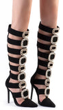 Jewel-Buckled Tall Black Suede Gladiator Sandals