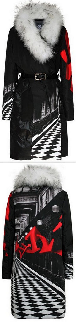 Printed Feather-Fill Fur-Trim Coat