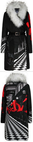 Printed Feather-Fill Fur-Trim Coat