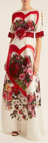 Embellished Rose-Print Organza Gown