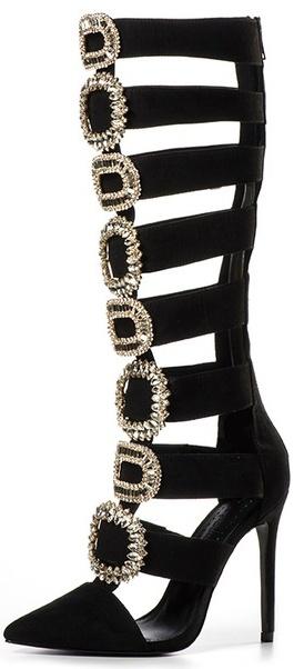Jewel-Buckled Tall Black Suede Gladiator Sandals