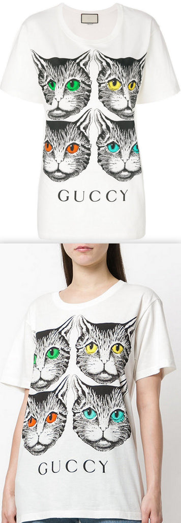Mystic Cat and Guccy Print T-Shirt, White