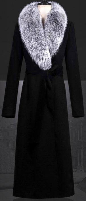 Black Wool Coat with Fox Fur Collar