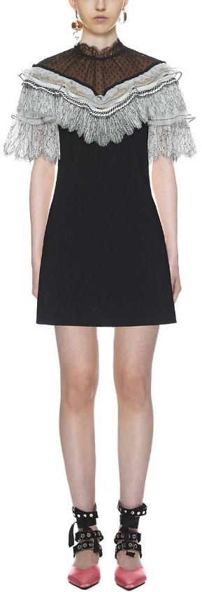 Pleated Trim Mini Dress, Black