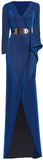 Belted Blue Ruffle V-Neck Gown