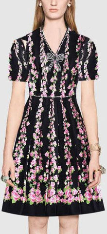 Embellished Floral-Print V-Neck Dress