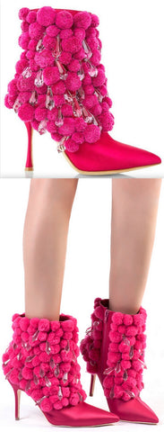 Chandelier-Crystal Pom Pom Fuchsia Boots * Limited Stock*