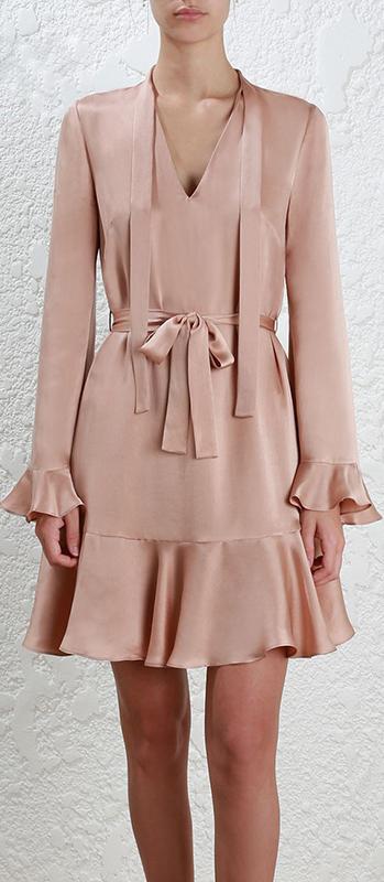 Flutter Tie-Neck Dress - Pink, Green or Dark Navy