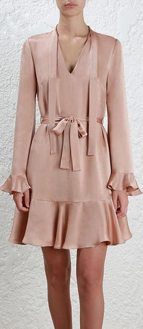 Flutter Tie-Neck Dress - Pink, Green or Dark Navy