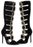 Jewel-Buckled Tall Black Suede Gladiator Sandals