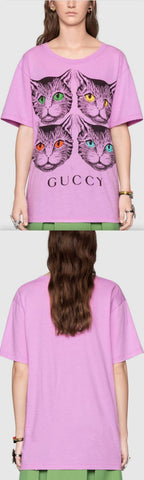 Mystic Cat and Guccy Print T-Shirt, Pink