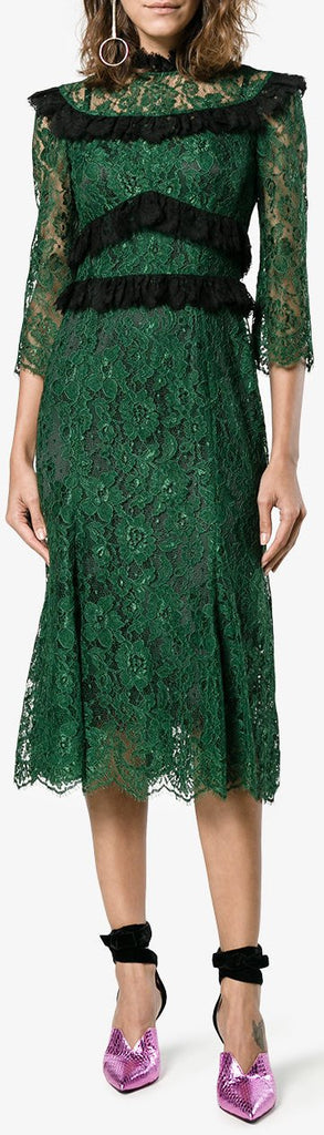 Ruffle-Trimmed Lace Midi-Dress