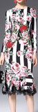 Floral & Stripe Brocade Lace-Trim Long-Sleeve Midi Dress