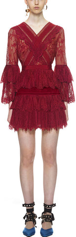 Trimmed Fine Lace Dress in Burgundy