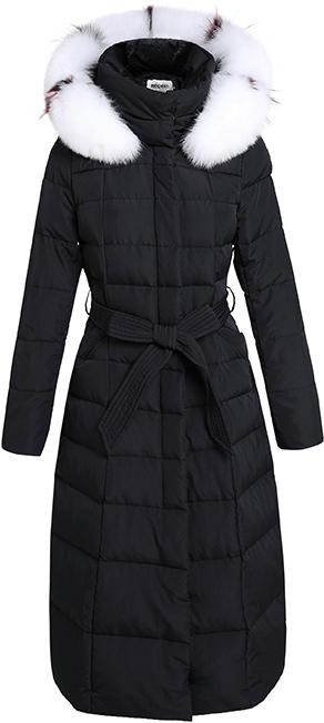 Striped-Fur-Hooded Long Puffer Coat, Black