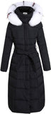 Striped-Fur-Hooded Long Puffer Coat, Black