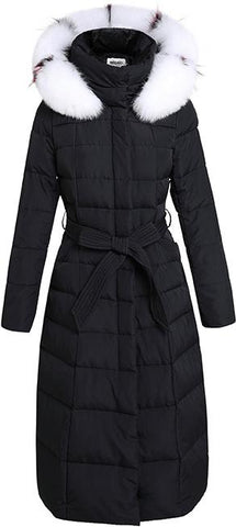 Striped-Fur-Hooded Long Puffer Coat, Black