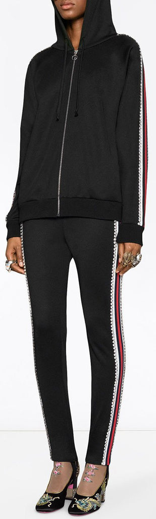 Black Crystal-Beaded Stripe Hoodie & Stirrup Pant Set