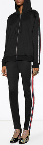 Black Crystal-Beaded Stripe Hoodie & Stirrup Pant Set