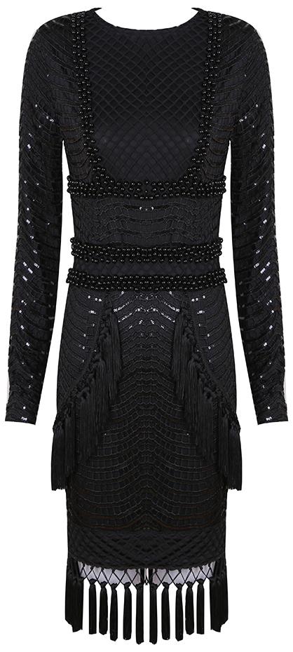 Embellished Tassel Macrame Overlay Dress, Black
