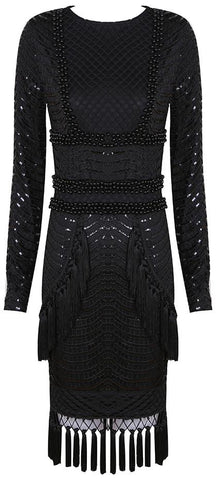 Embellished Tassel Macrame Overlay Dress, Black