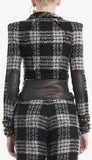 Plaid Tweed Jacket with Leather Trim