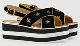 Embroidered Velvet Crossover Platform Sandals