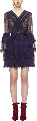Trimmed Fine Lace Dress in Dark Blue
