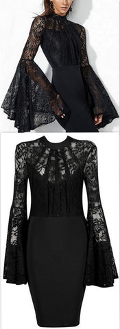 Black Flared-Lace-Sleeve Stretch Dress