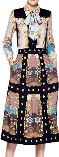 Printed Shirt with Necktie & Printed Midi Skirt