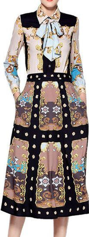 Printed Shirt with Necktie & Printed Midi Skirt