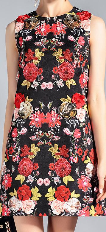 Embellished Floral Black Jacquard Mini Dress