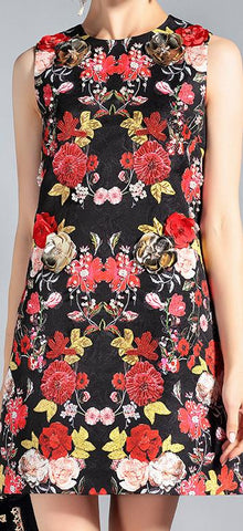 Embellished Floral Black Jacquard Mini Dress