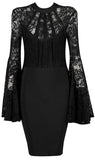 Black Flared-Lace-Sleeve Stretch Dress