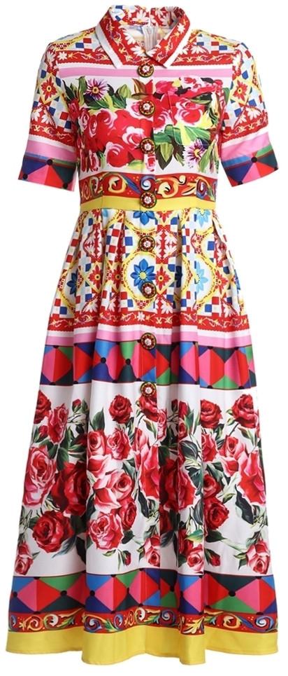 'Carretto' Printed Button-Embellished Dress - DESIGNER INSPIRED FASHIONS