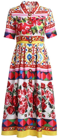'Carretto' Printed Button-Embellished Dress - DESIGNER INSPIRED FASHIONS