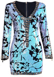 Light Blue Sequin-Embellished Long-Sleeve Mini Dress