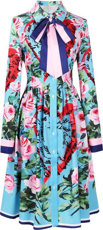 Floral Print Blue A-Line Shirt-Dress