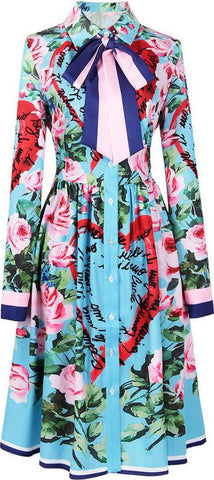 Floral Print Blue A-Line Shirt-Dress